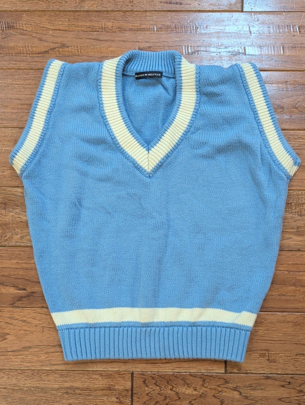 Brandy Melville Light Blue V-Neck Knit Sweater Vest with Cream Trim